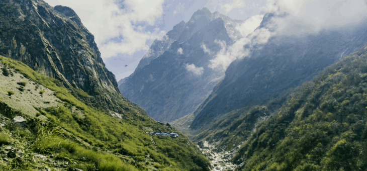 An overhead shot of a remote and lush section of the Annapurna Circuit via Nar and Kang La, Nepal on a cloudy day