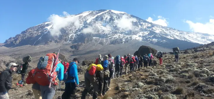 A group of hikers climbing Kilimanjaro in Tanzania, ascending to Kibo