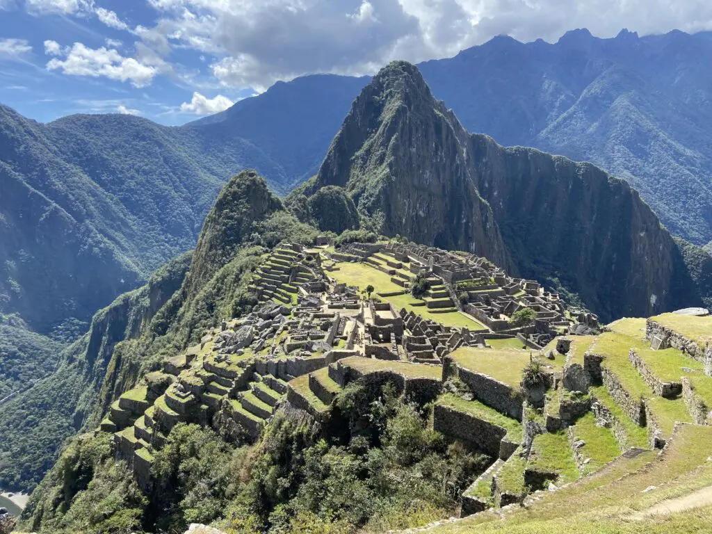 Machu Picchu citadel with Huayna Picchu Mountain in the background taken from Machu Picchu mountain