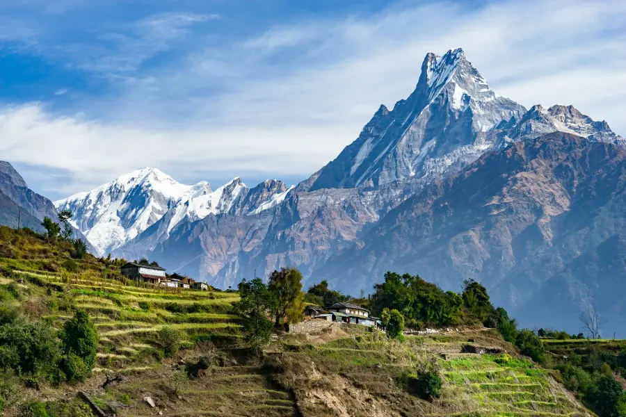 Iconic fishtail mountain - aka Machapuchare - in the Annapurna Himalayas with green rice terraces and traditional Nepalese village