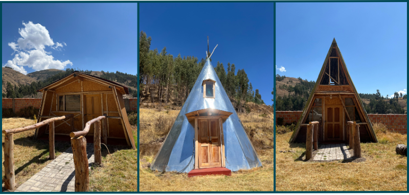 Three rustic huts at Wajaqui Ecolodge near Cusco in Peru