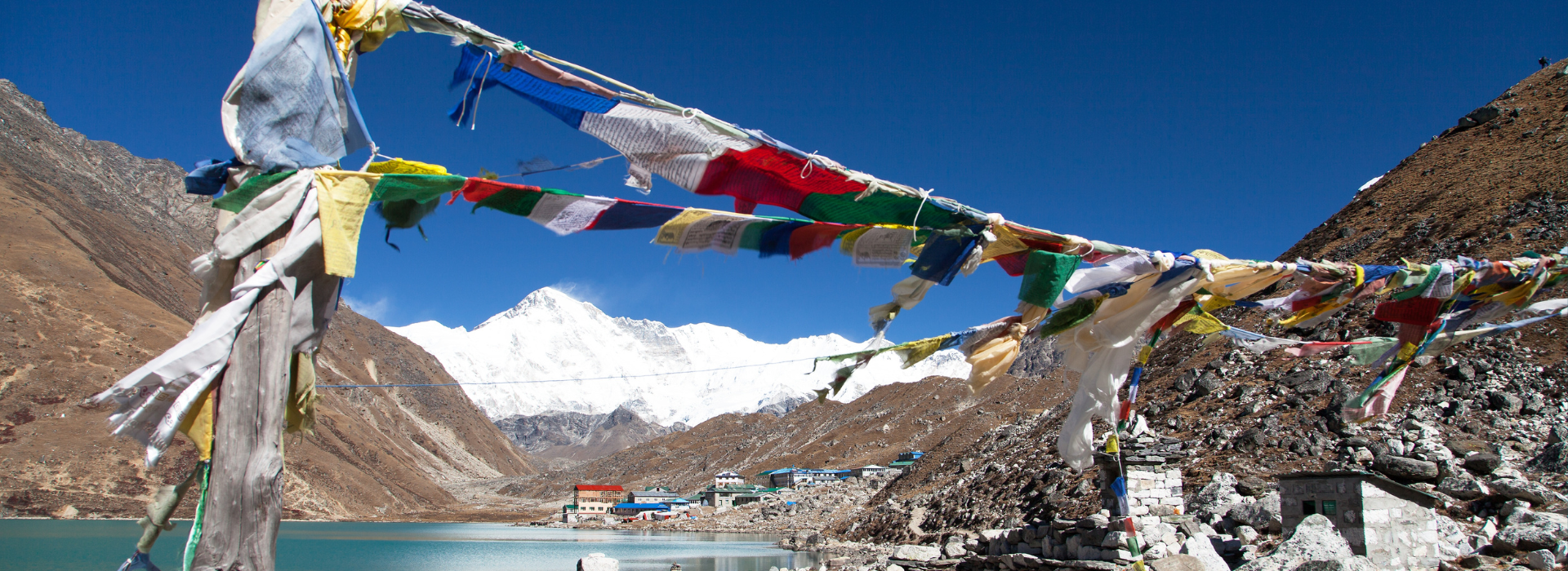 Colourful flags above Gokyo Lake, Nepal