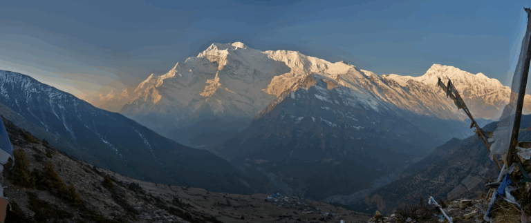 A towering mountain at dusk on the Annapurna Circuit, Nepal