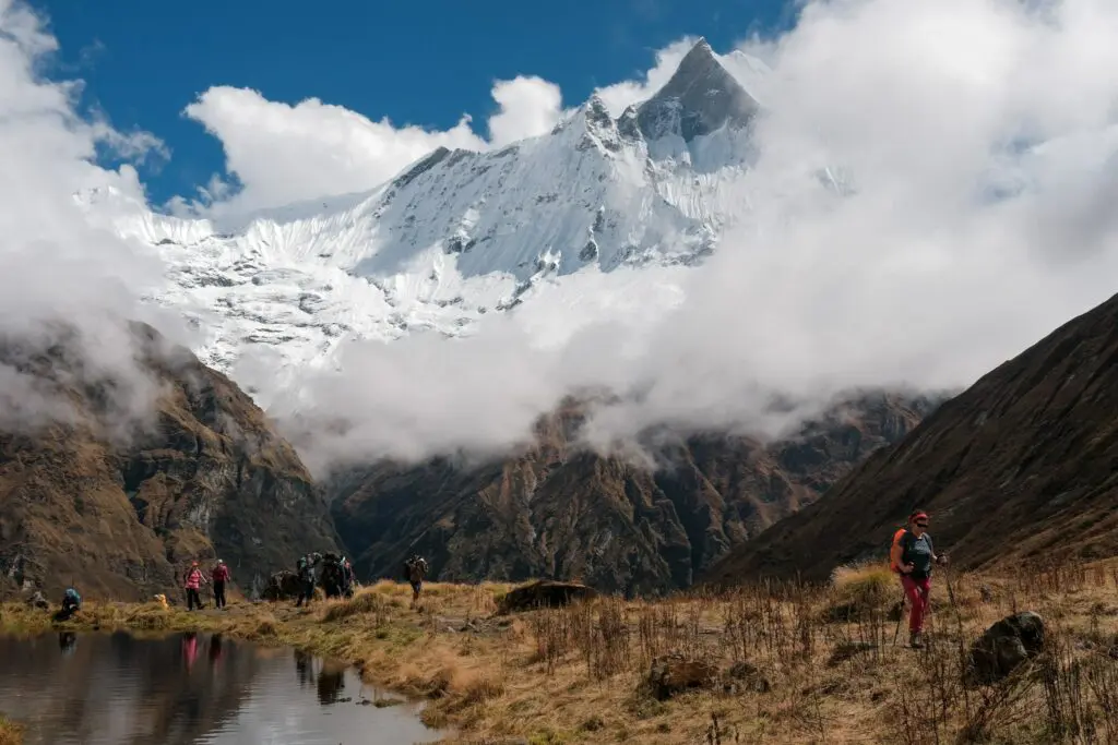 Trekkers hiking the Annapurna Circuit via Nar Phu valley and Kang La Pass, Nepal