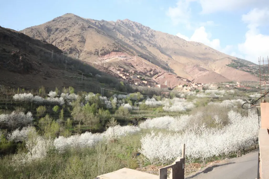 View of a village sitting at the base of Mount Toubkal, High Atlas Mountains, Morocco