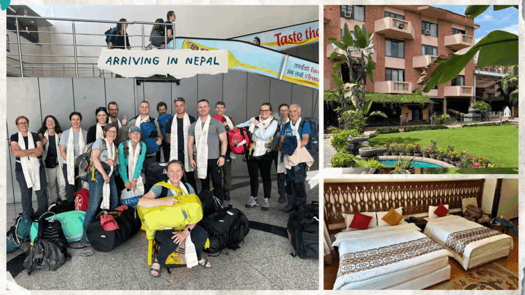 Trekkers landing in Kathmandu airport before their Everest Base Camp trip; their hotel in Kathmandu before the trek begins