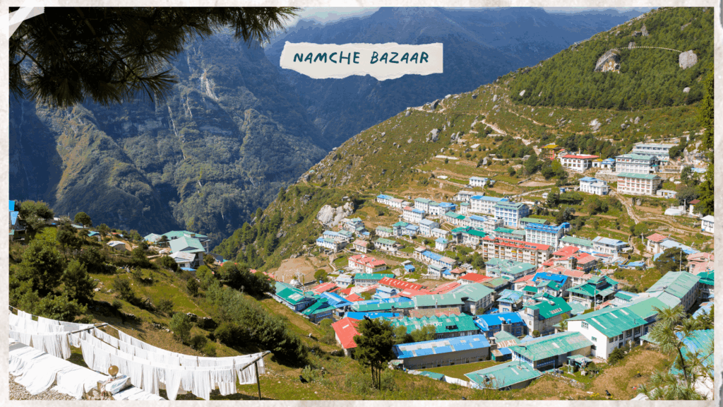 A view looking down on the colourful town of Namche Bazaar, Nepal on the Everest Base Camp trek