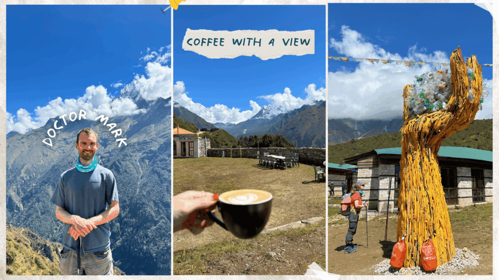 Drinking coffee with a view of the mountains in Namche Bazaar, Nepal on the Everest Base Camp trek