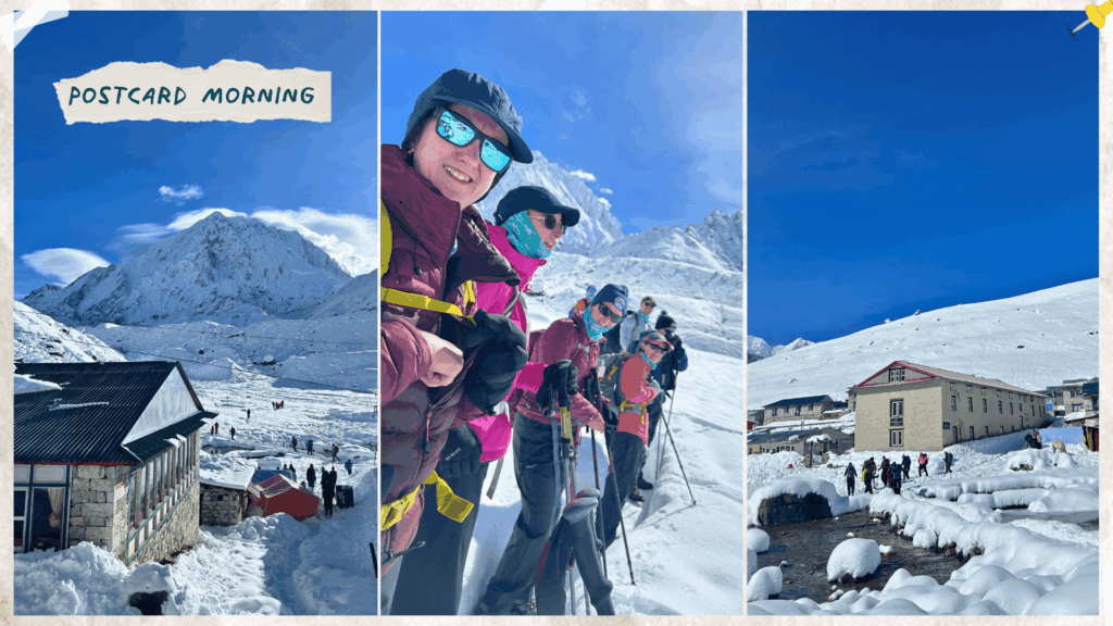 Trekkers in a snow-covered Lobuche, Nepal
