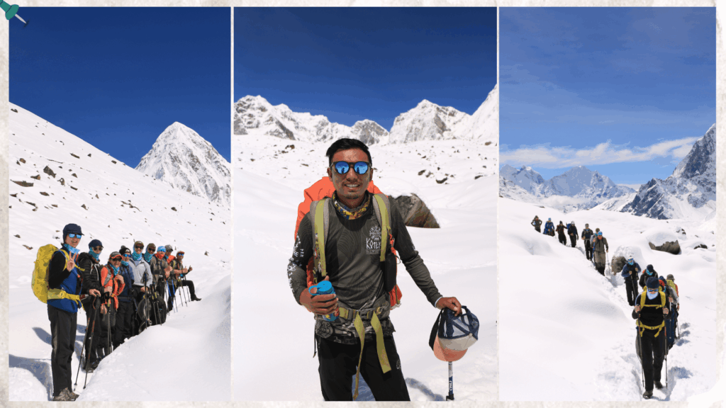 A group of trekkers moving through the snow on the way to Gorakshep, Nepal