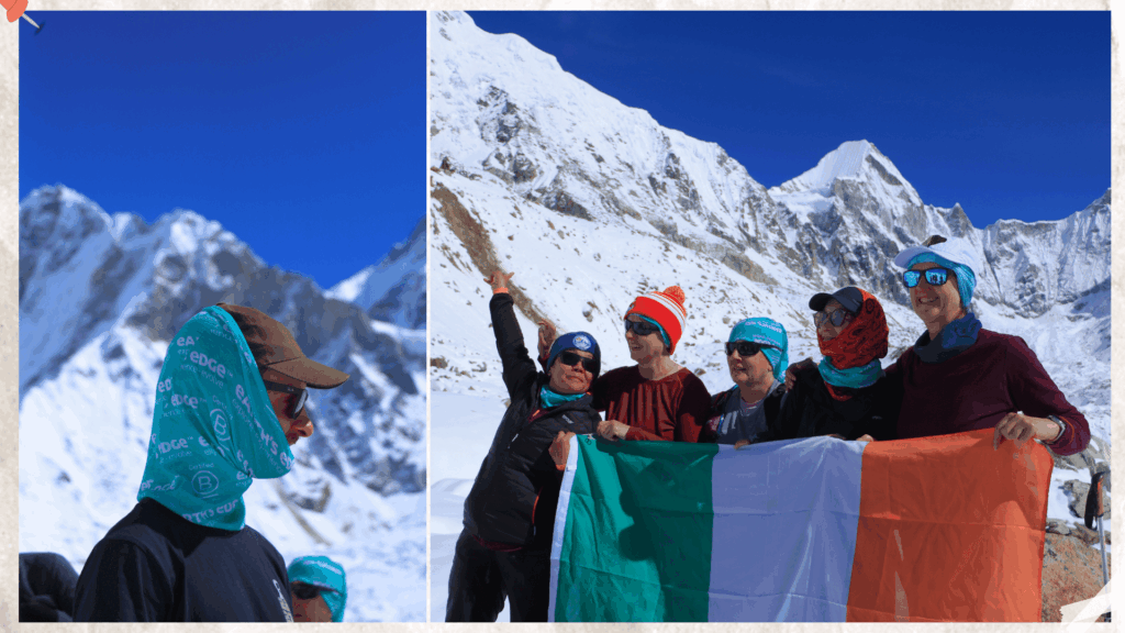Images of trekkers standing amongst snow-capped peaks in Nepal, holding an Ireland flag