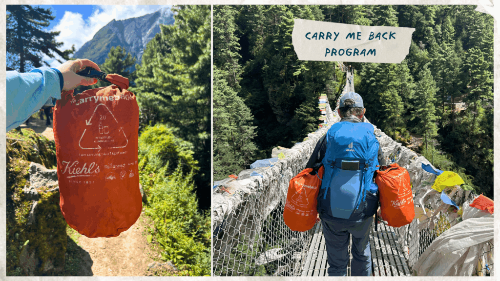 Everest Base Camp trekkers returning bags of waste to the Carry Me Back program pickup point in Lukla, Nepal