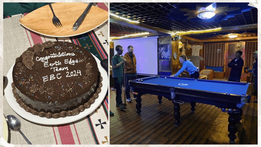 Hikers celebrating a successful trek to Everest Base Camp with cake in Namche Bazaar, Nepal