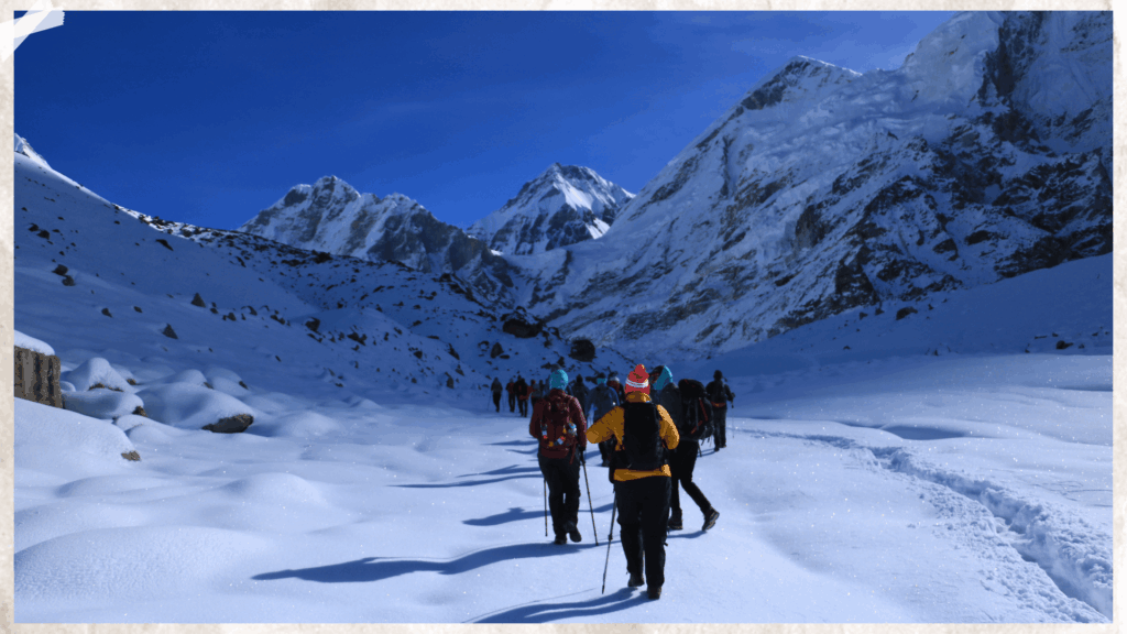 Trekkers hiking through the snow on the trail to Gorakshep