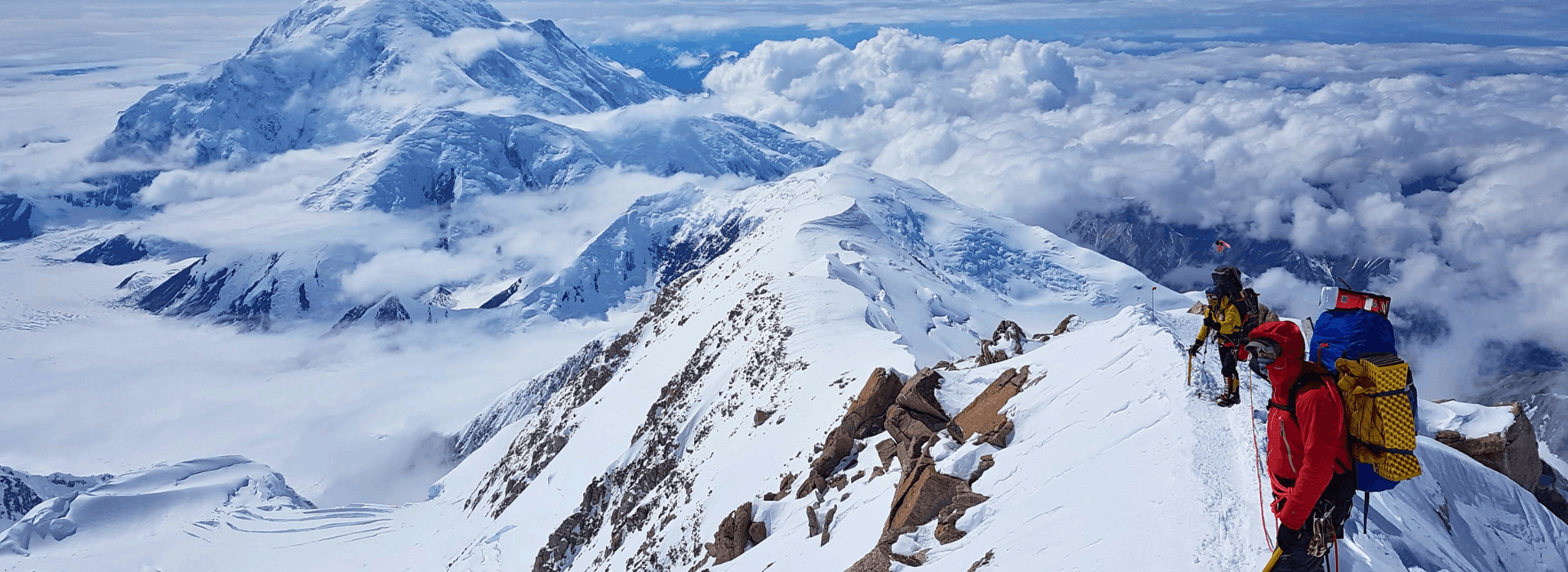 Climbers on snow covered West Buttress Ridge, the route we take on our Denali expedition