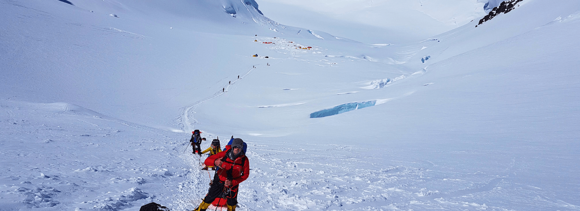 Climbers ascending Motorcycle hill on Denali Expedition
