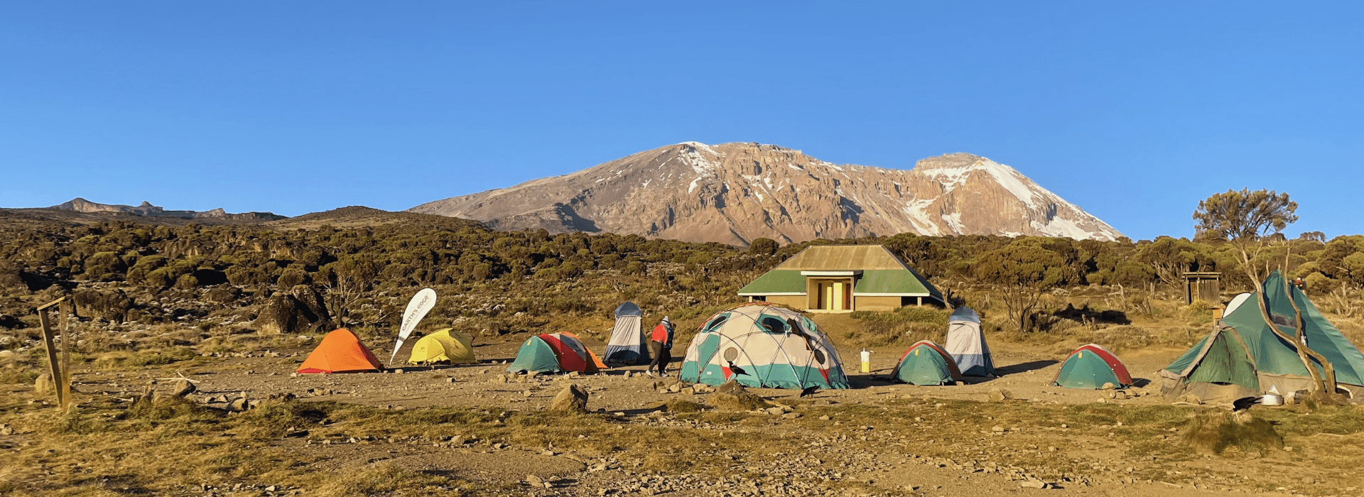 Earth's Edge camp setup on Kilimanjaro with mess tent and toilet tents