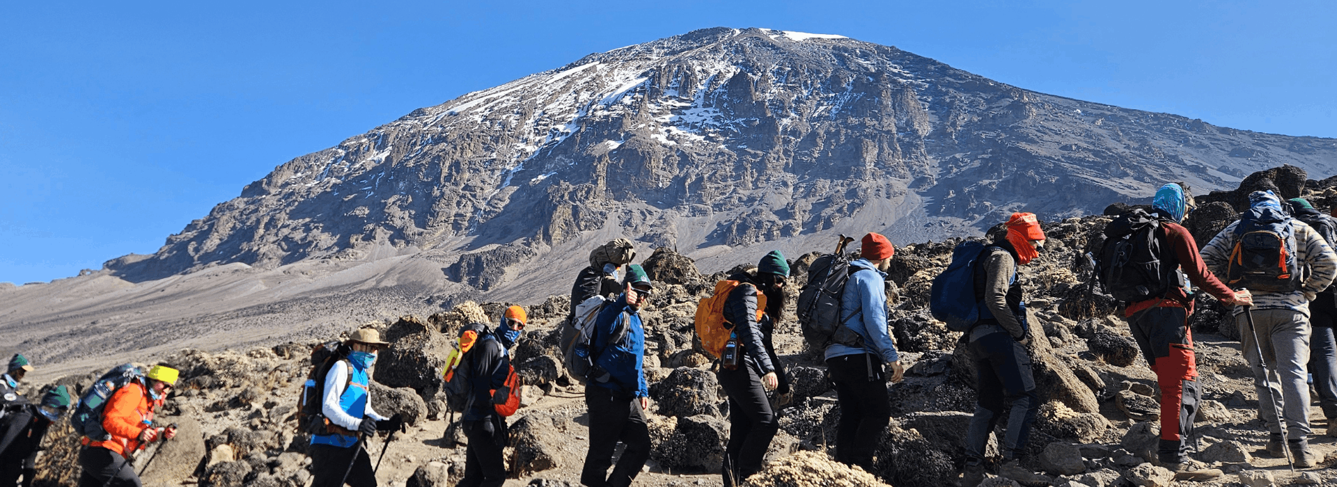 A group trekking on Kilimanjaro
