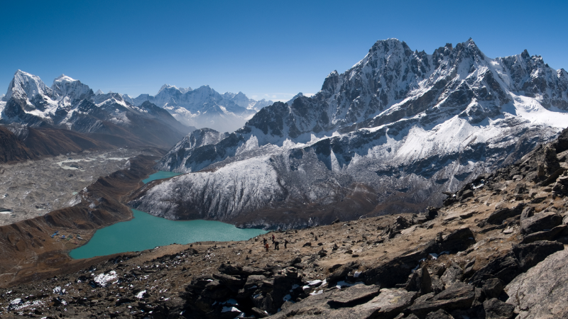 View of Turquoise Gokyo lakes bathed in sunshine, Nepal