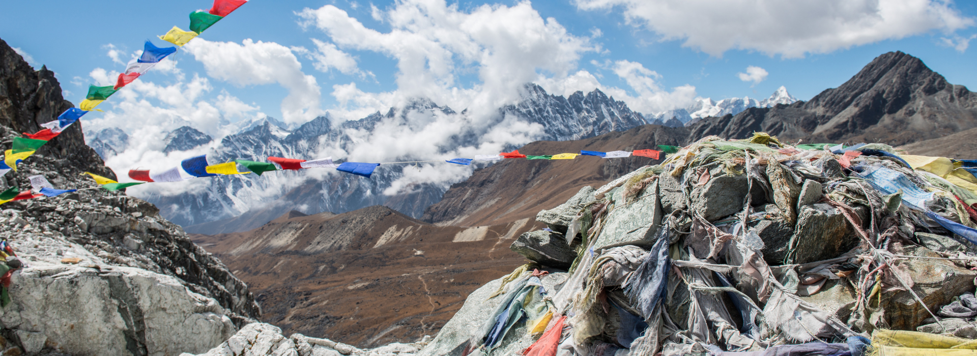 View of colourful flags from Cho La Pass, Nepal