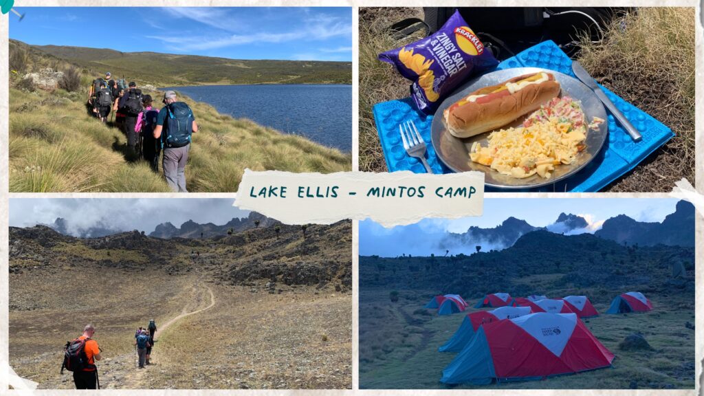 Hiking around Lake Ellis headed to Mintos Hut Camp, we stop for a lunch of hotdogs and salad with views of Gorges Valley