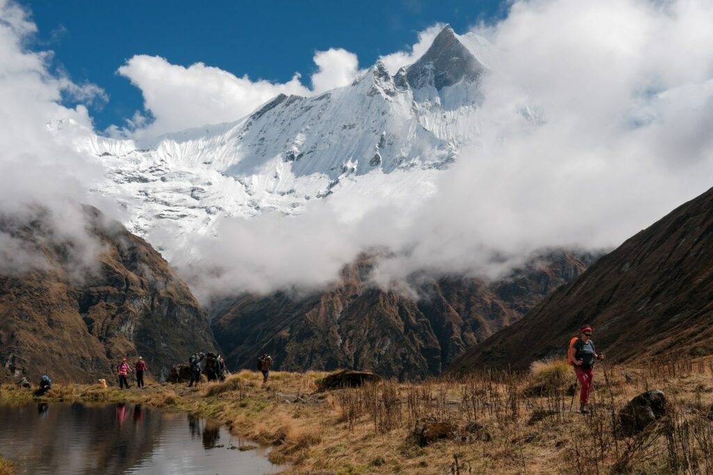 Trekkers hiking the Annapurna Circuit via Nar Phu valley and Kang La Pass, Nepal