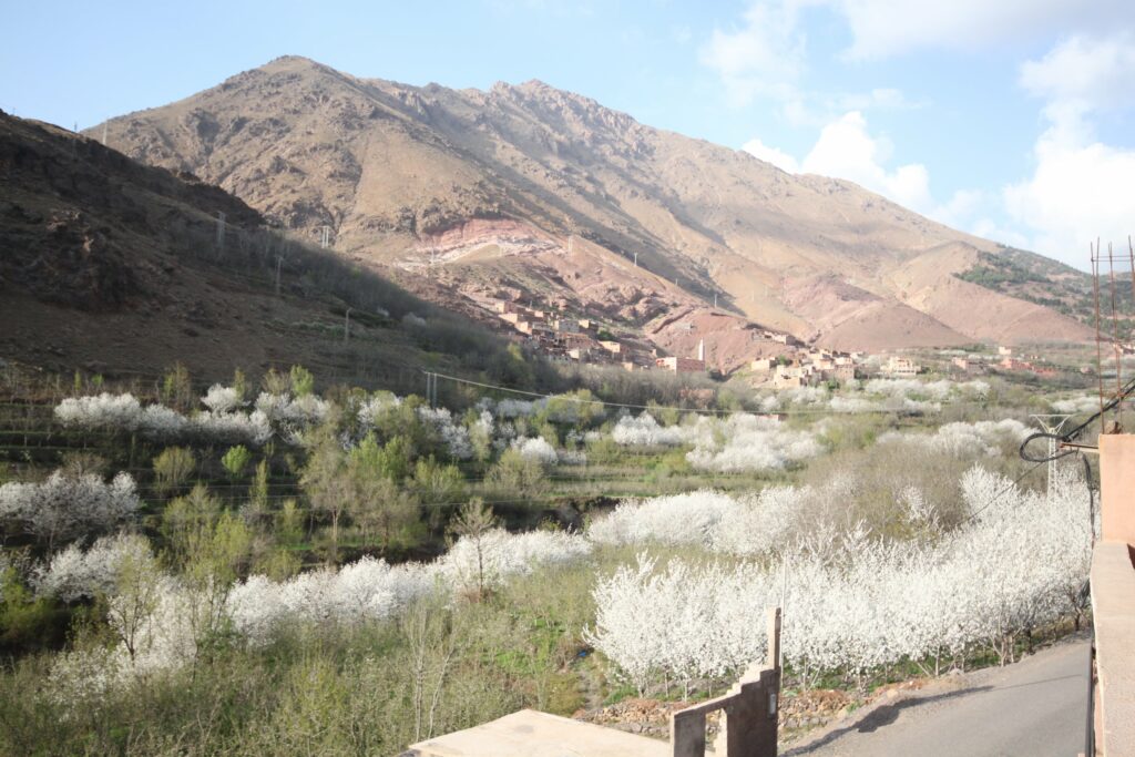 View of a village sitting at the base of Mount Toubkal, High Atlas Mountains, Morocco