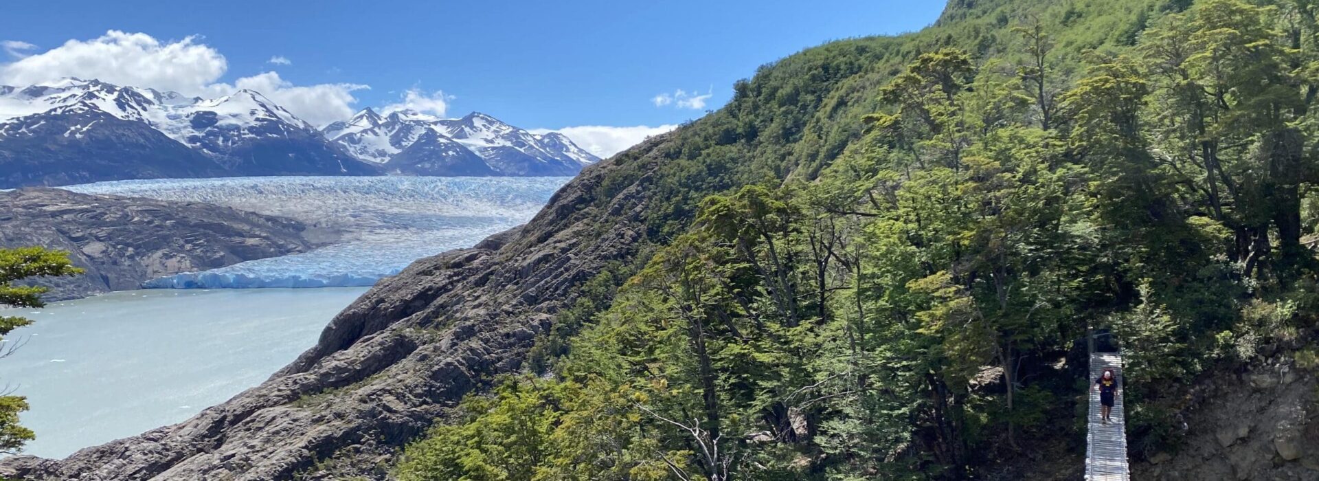 Hiker crossing a narrow suspension bridge above a forested gorge with Grey Glacier and snow-capped mountains in the background, Torres del Paine, Patagonia.
