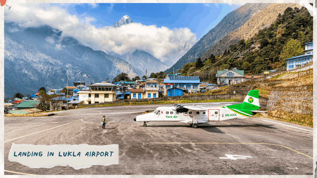 A plane landing in Lukla Airport, surrounded by mountains in Nepal, from Ramechhap