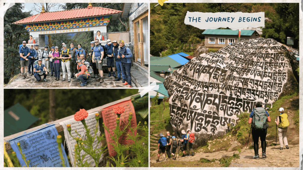 A group of trekkers beginning their trek to Everest Base Camp, passing by gates, prayer flags and prayer walls in Nepal