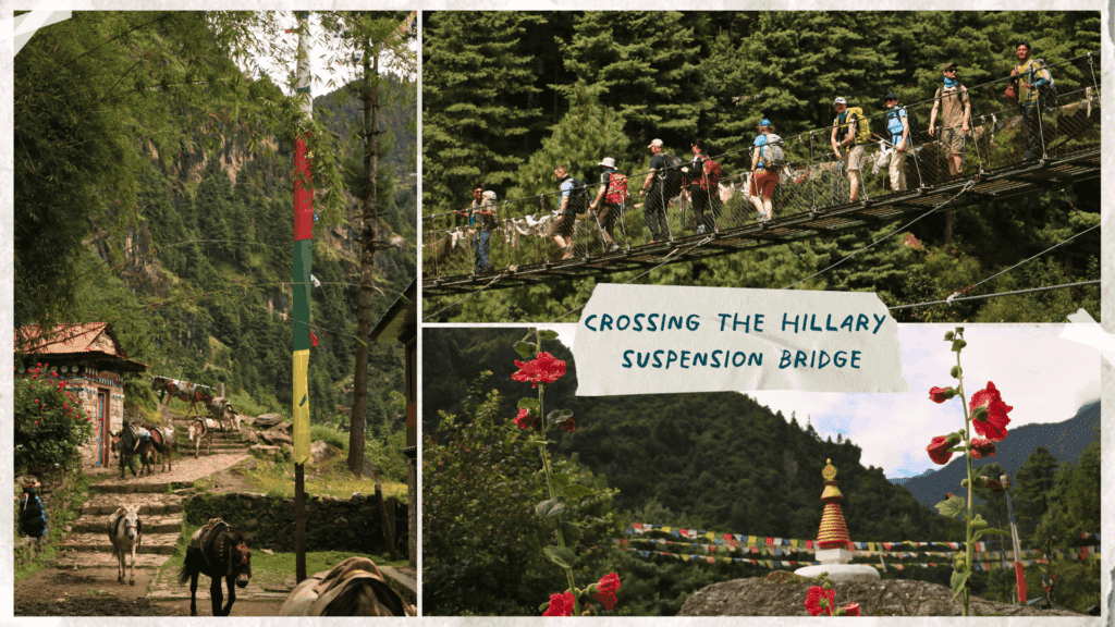 A collage of images of trekkers crossing the Hillary suspension bridge on the Everest Base Camp trek in Nepal